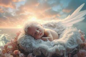 Fantasy newborn kid sleeping on fluffy nest in cloudy sky. Generate ai photo