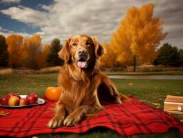 Fluffy dog sitting on a colorful picnic blanket AI Generative photo