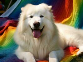 Fluffy dog sitting on a colorful picnic blanket AI Generative photo