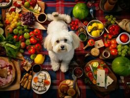 Fluffy dog sitting on a colorful picnic blanket AI Generative photo