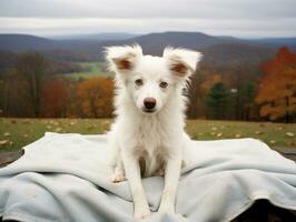 Fluffy dog sitting on a colorful picnic blanket AI Generative photo