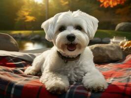 Fluffy dog sitting on a colorful picnic blanket AI Generative photo