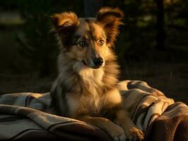 Fluffy dog sitting on a colorful picnic blanket AI Generative photo