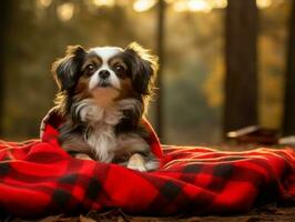 mullido perro sentado en un vistoso picnic cobija ai generativo foto