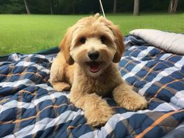 Fluffy dog sitting on a colorful picnic blanket AI Generative photo