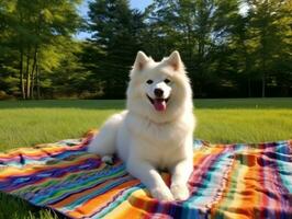 Fluffy dog sitting on a colorful picnic blanket AI Generative photo