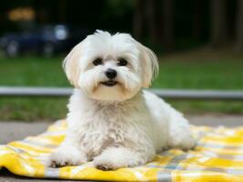 Fluffy dog sitting on a colorful picnic blanket AI Generative photo