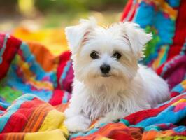 mullido perro sentado en un vistoso picnic cobija ai generativo foto