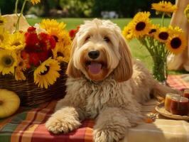 Fluffy dog sitting on a colorful picnic blanket AI Generative photo