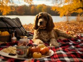 Fluffy dog sitting on a colorful picnic blanket AI Generative photo