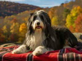 Fluffy dog sitting on a colorful picnic blanket AI Generative photo