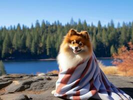 mullido perro sentado en un vistoso picnic cobija ai generativo foto