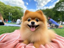 Fluffy dog sitting on a colorful picnic blanket AI Generative photo