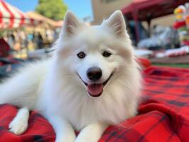 Fluffy dog sitting on a colorful picnic blanket AI Generative photo
