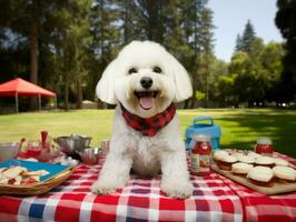 Fluffy dog sitting on a colorful picnic blanket AI Generative photo