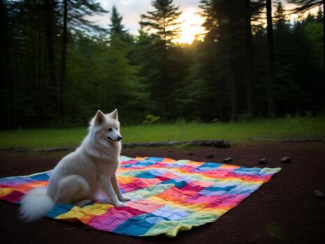 Fluffy dog sitting on a colorful picnic blanket AI Generative photo