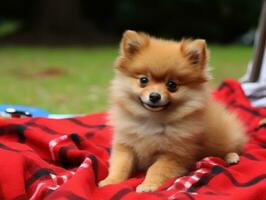 Fluffy dog sitting on a colorful picnic blanket AI Generative photo