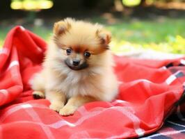 Fluffy dog sitting on a colorful picnic blanket AI Generative photo
