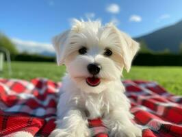 Fluffy dog sitting on a colorful picnic blanket AI Generative photo