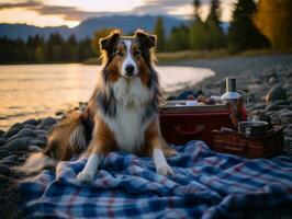 mullido perro sentado en un vistoso picnic cobija ai generativo foto