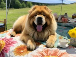 mullido perro sentado en un vistoso picnic cobija ai generativo foto