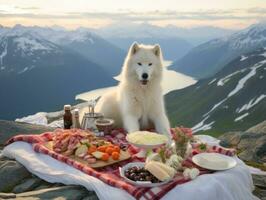 Fluffy dog sitting on a colorful picnic blanket AI Generative photo