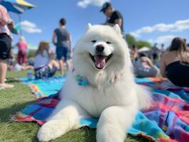 mullido perro sentado en un vistoso picnic cobija ai generativo foto