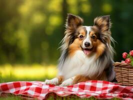 Fluffy dog sitting on a colorful picnic blanket AI Generative photo