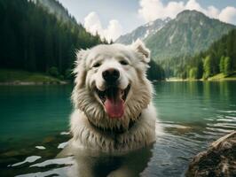 simpático perro en un claro azul lago ai generativo foto