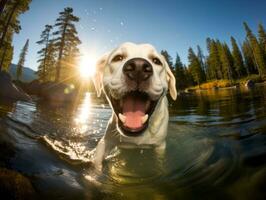 simpático perro en un claro azul lago ai generativo foto