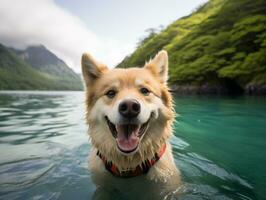 simpático perro en un claro azul lago ai generativo foto