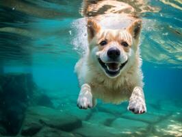 Friendly dog in a clear blue lake AI Generative photo