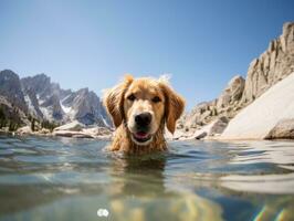 simpático perro en un claro azul lago ai generativo foto