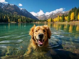 Friendly dog in a clear blue lake AI Generative photo