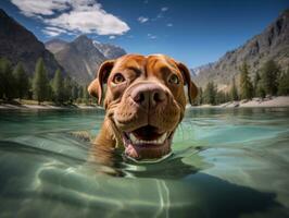 simpático perro en un claro azul lago ai generativo foto