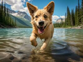 Friendly dog in a clear blue lake AI Generative photo