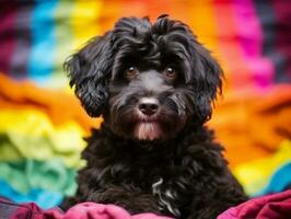 Fluffy dog sitting on a colorful picnic blanket AI Generative photo