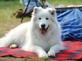 mullido perro sentado en un vistoso picnic cobija ai generativo foto