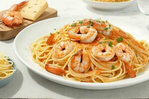 spaghetti pasta with prawns and cheese. AI Generative Pro Photo