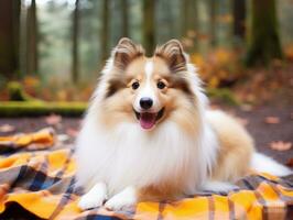 Fluffy dog sitting on a colorful picnic blanket AI Generative photo