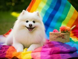 Fluffy dog sitting on a colorful picnic blanket AI Generative photo