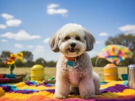 mullido perro sentado en un vistoso picnic cobija ai generativo foto