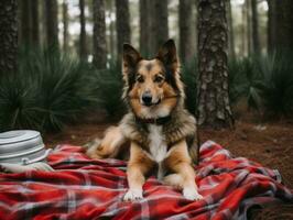 mullido perro sentado en un vistoso picnic cobija ai generativo foto