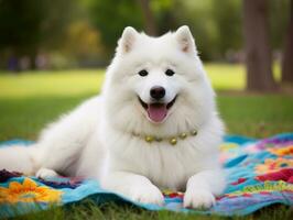 mullido perro sentado en un vistoso picnic cobija ai generativo foto