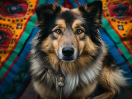 Fluffy dog sitting on a colorful picnic blanket AI Generative photo