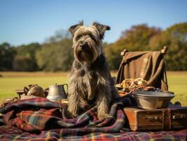 Fluffy dog sitting on a colorful picnic blanket AI Generative photo