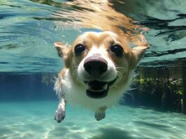 simpático perro en un claro azul lago ai generativo foto