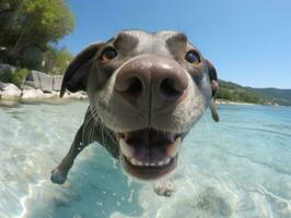 simpático perro en un claro azul lago ai generativo foto