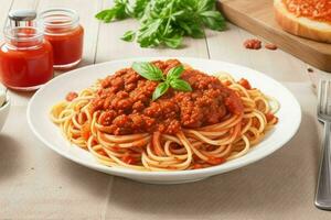 Spaghetti Bolognese pasta with tomato sauce and meat. AI Generative Pro Photo