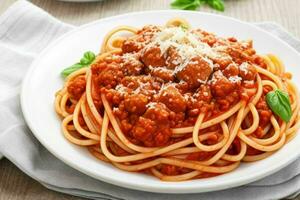 Spaghetti Bolognese pasta with tomato sauce and meat. AI Generative Pro Photo
